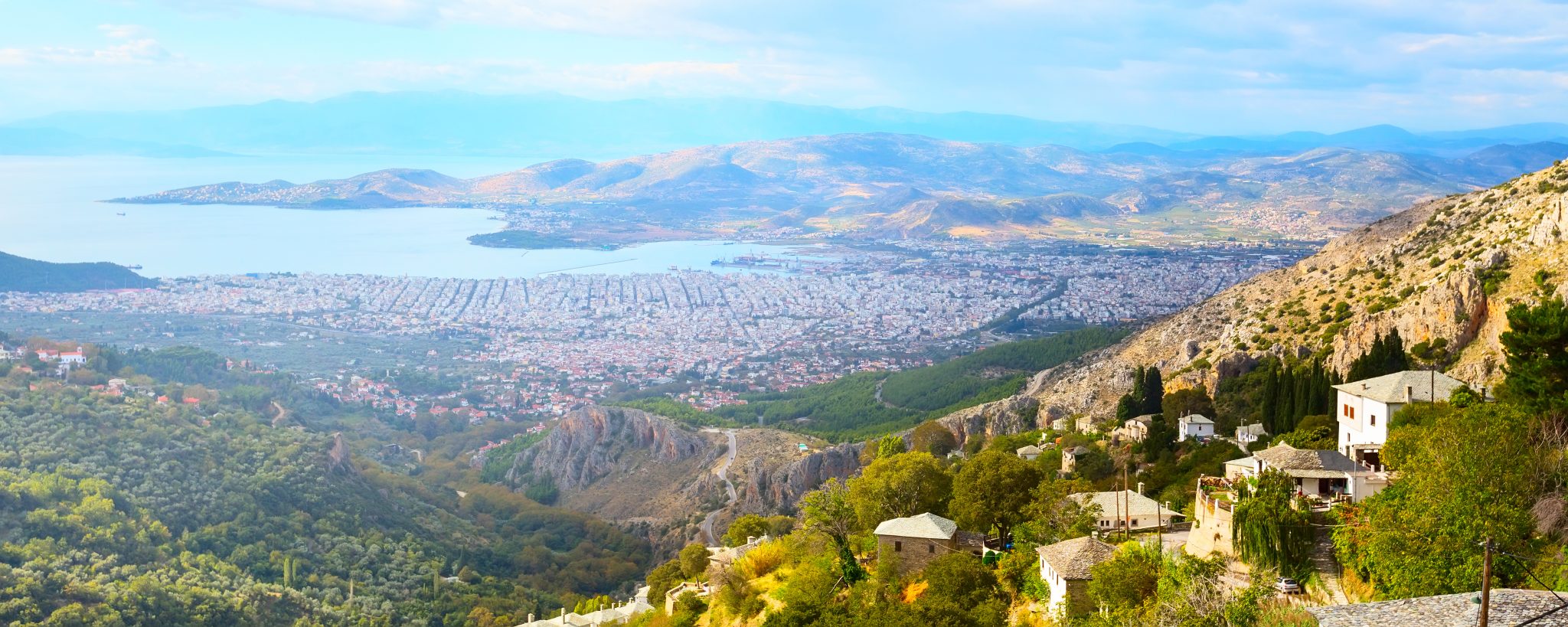 Panoramic,Banner,Volos,City,And,Sea,Gulf,Aerial,View,From